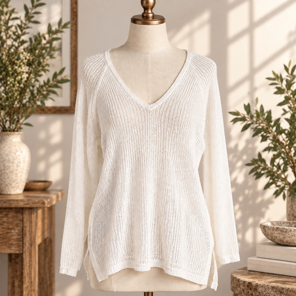 Eileen Fisher Organic Linen Cotton Open Knit V Neck Tunic Sweater S Coastal